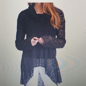 Umgee Lace Cowl Neck tunic Sheer Lace Black New
